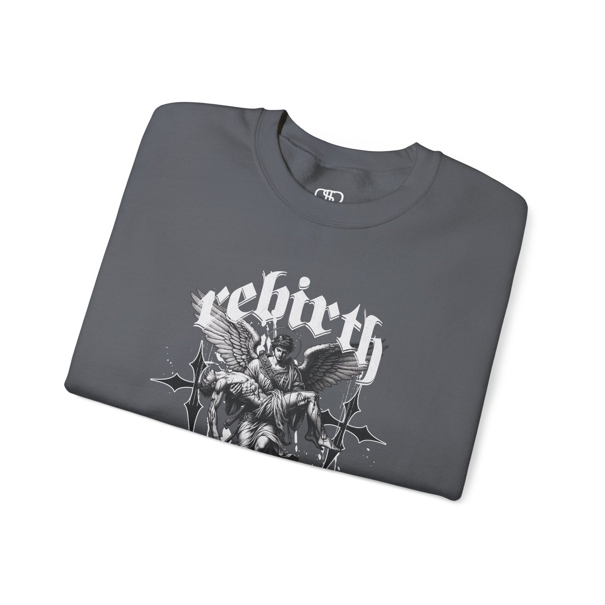 A Folded Charcoal Sweater featuring an Angel carrying a figure with "Rebirth" text, white and black gothic spiritual art apparel.