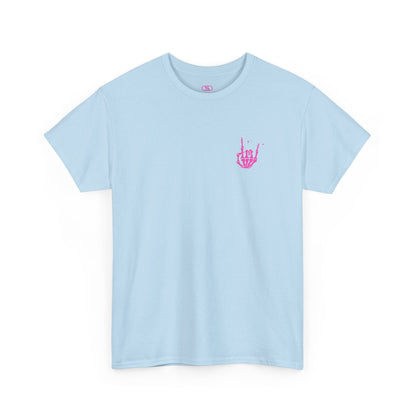 A light blue t-shirt with a skeletal rock hand on the front and a melting emoji with the phrase “I match energy So ho we gon’ Act Today?” on the back.