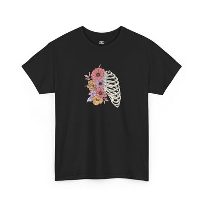 T-shirt with a lung graphic, half skeletal ribcage, half flowers.
