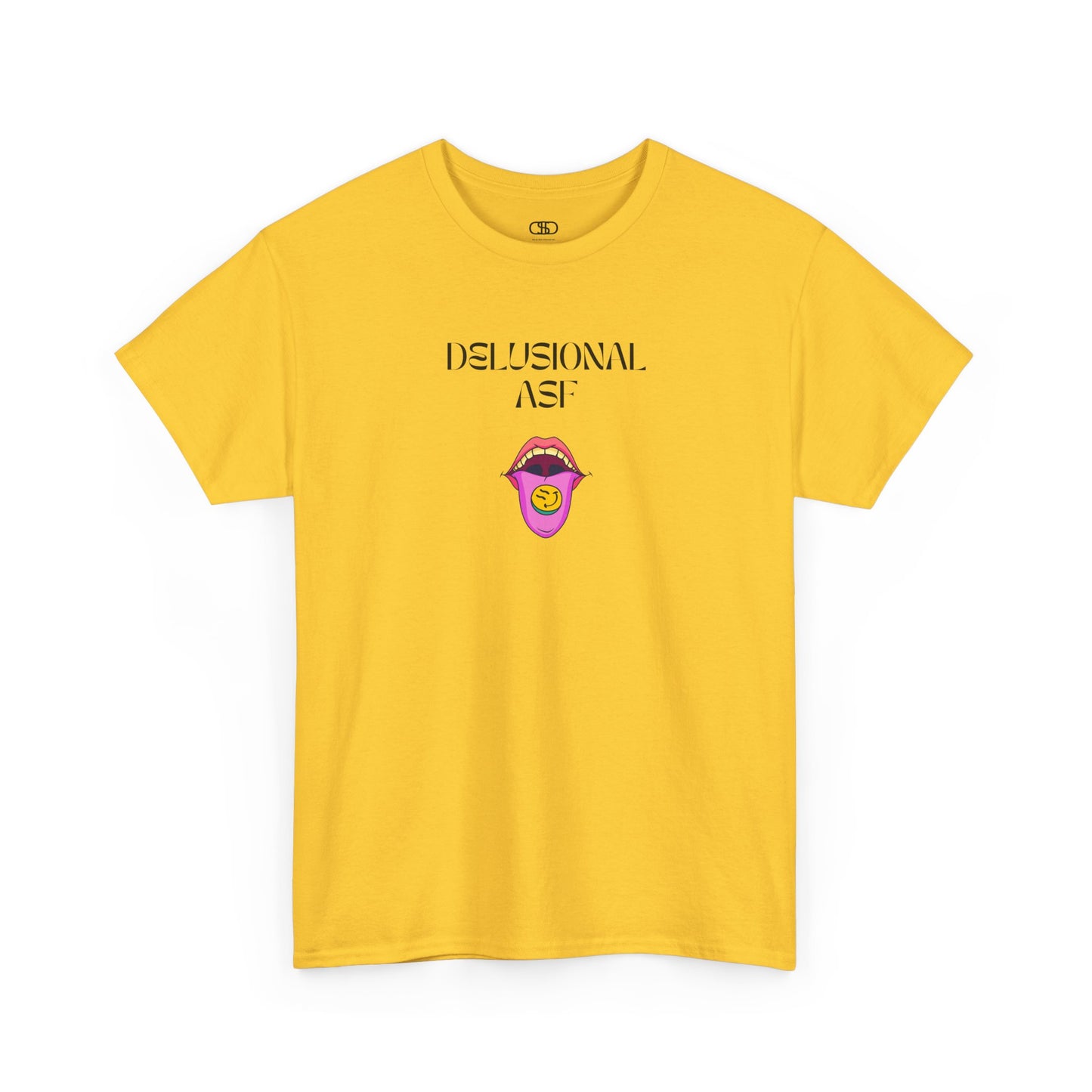 A daisy T-shirt with "Delusional asf" text, an open mouth graphic with tongue out, and a happy face emoji pill.