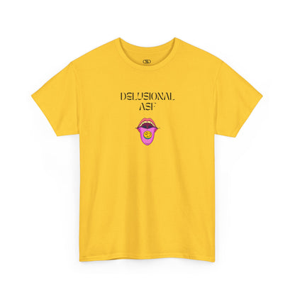 A daisy T-shirt with "Delusional asf" text, an open mouth graphic with tongue out, and a happy face emoji pill.