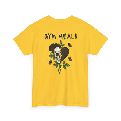 A daisy t-shirt with a front design of a half skull, half broken heart, and a rose. The back reads "Gym Heals" in black.