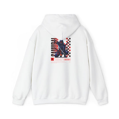 A white hoodie featuring a Crouching ninja with two katanas and "Bushido" text, red and black Japanese-inspired hoodie design.