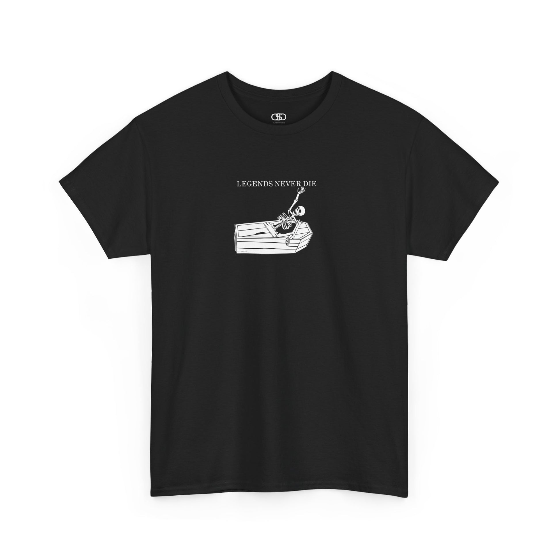 A black T-shirt with a skeleton breaking free from a casket, reaching up towards "Legends Never Die" text.
