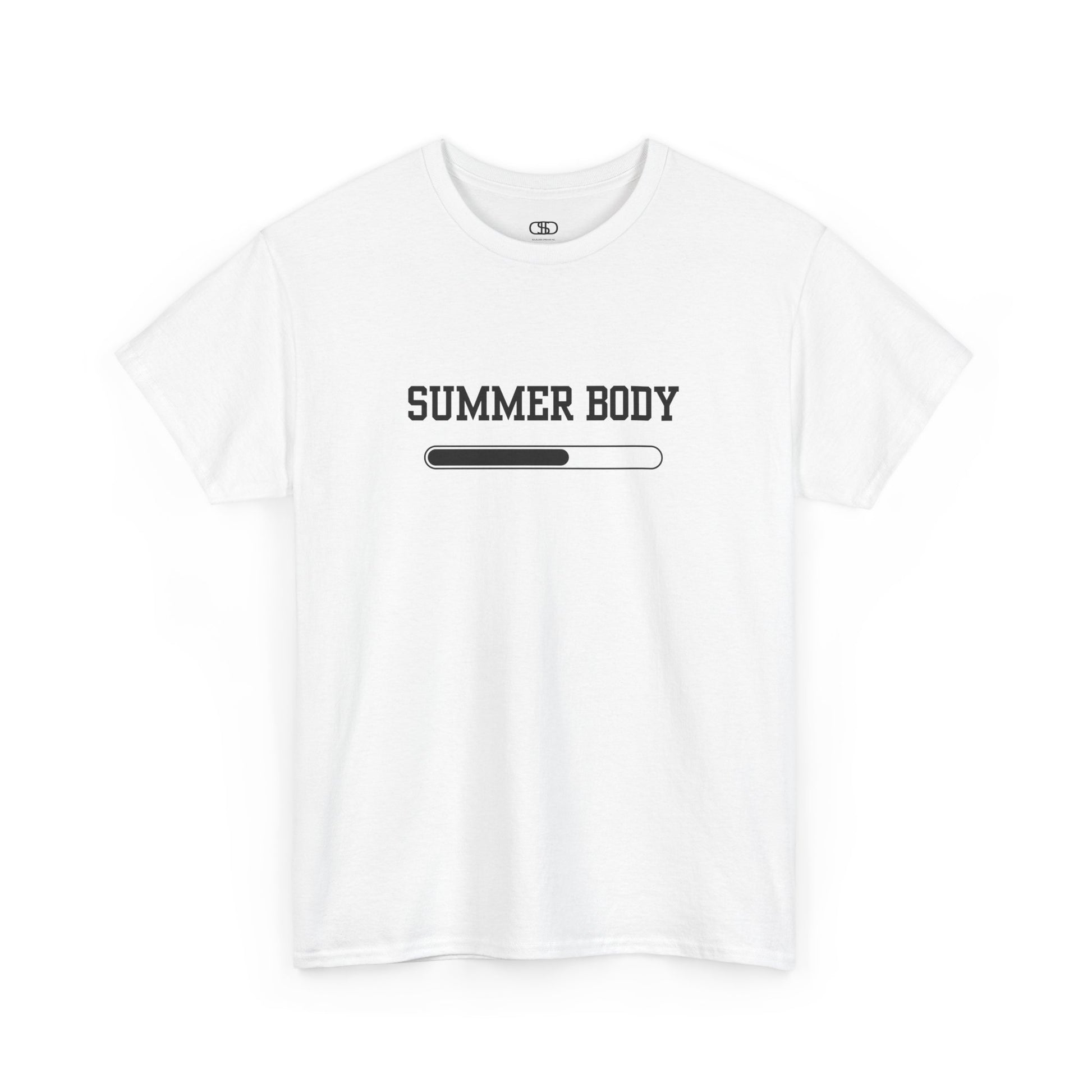 A white t-shirt with a loading bar and “Summer Body” on the front and “I left my summer body at home I prefer not to show off” on the back.