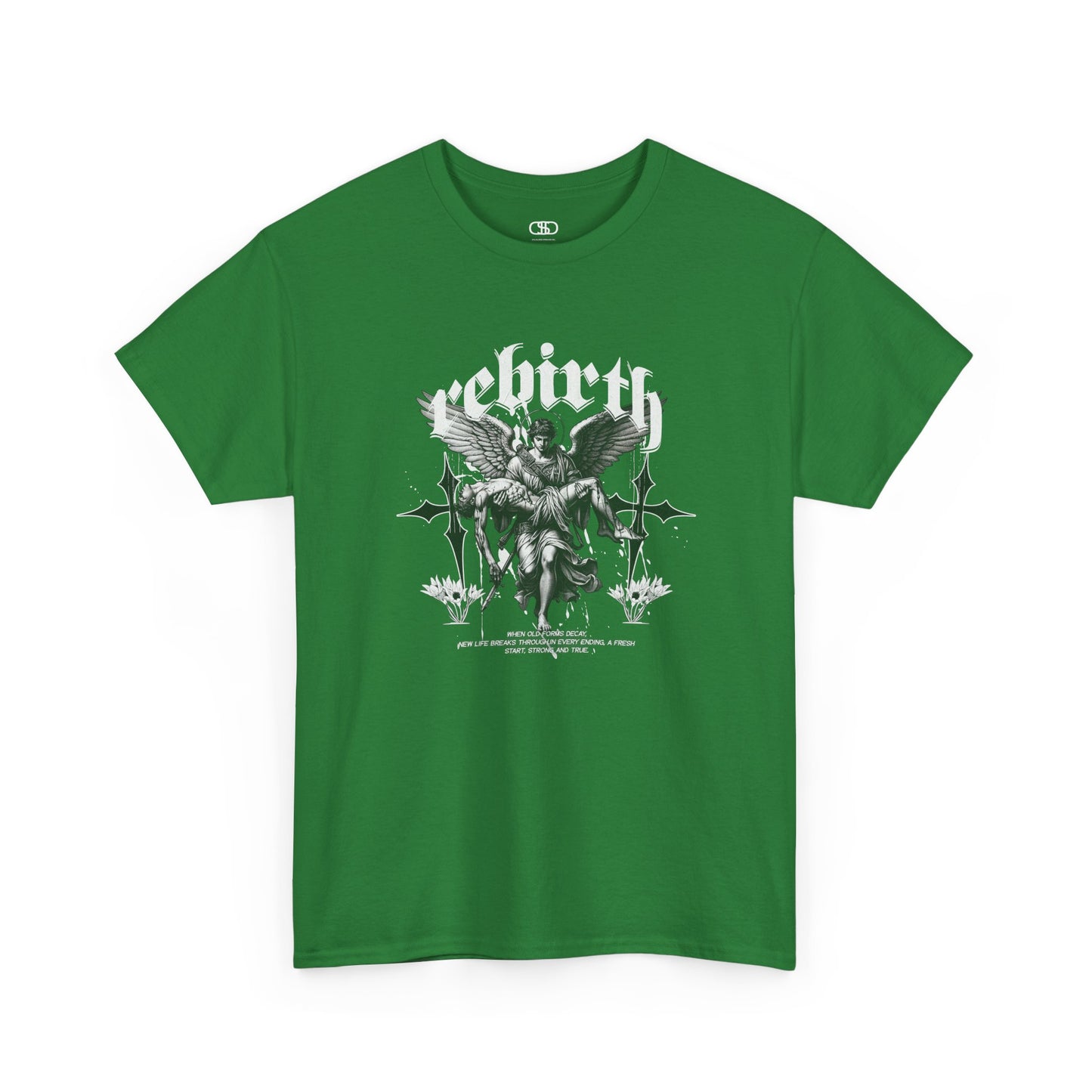 A turf green T-shirt featuring a Angel carrying a figure with "Rebirth" text, white and black gothic spiritual art t-shirt.