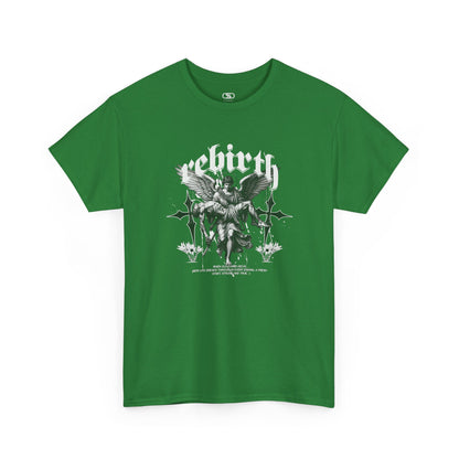 A turf green T-shirt featuring a Angel carrying a figure with "Rebirth" text, white and black gothic spiritual art t-shirt.