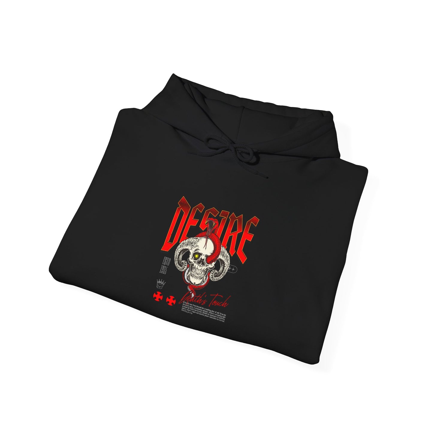 A folded black hoodie featuring a Horned skull with glowing eye and red snake wrapped around it, "Desire Death's Touch" text, gothic hoodie design.