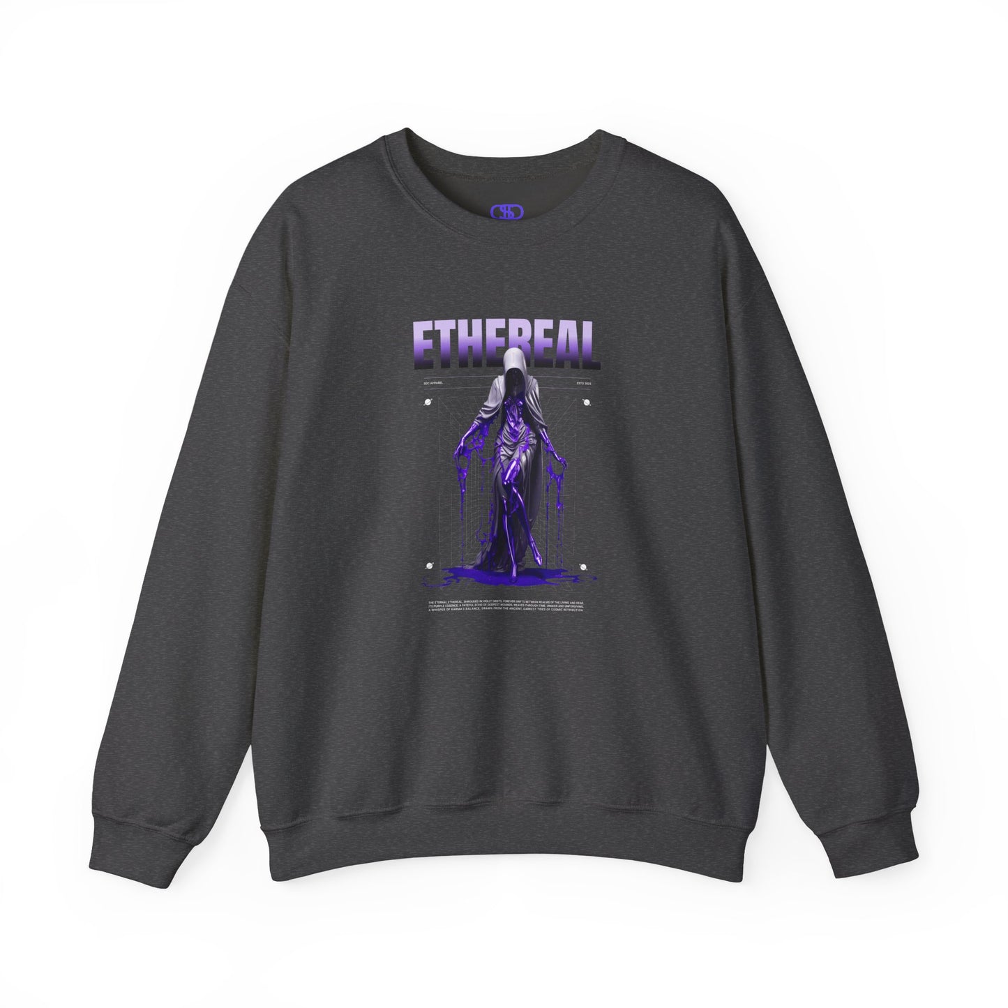 A dark heather gray sweater with a glowing purple ethereal ghostly figure in a robe, surrounded by mystic violet liquid and "Ethereal" text.