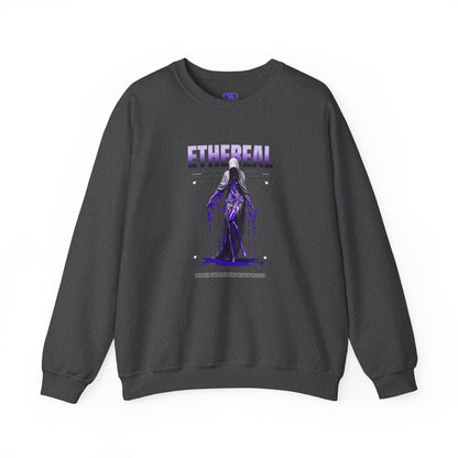 A dark heather gray sweater with a glowing purple ethereal ghostly figure in a robe, surrounded by mystic violet liquid and "Ethereal" text.