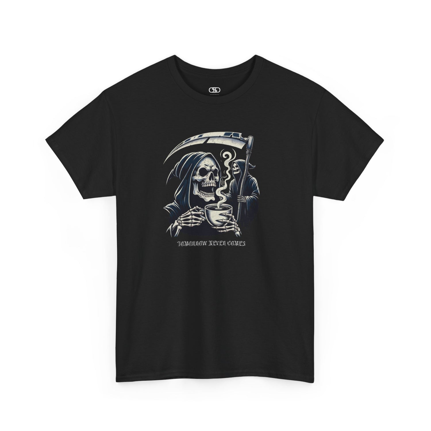 A t-shirt graphic of a grim reaper in the foreground drinking from a hot coffee mug. Another grim reaper stands ominously in the background holding a large scythe.