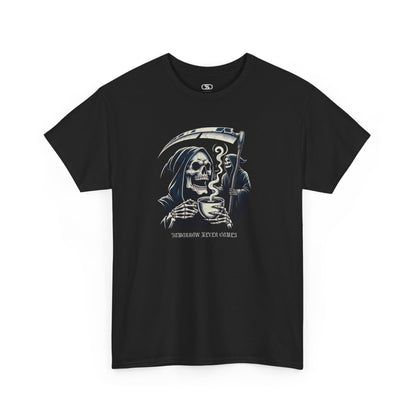 A t-shirt graphic of a grim reaper in the foreground drinking from a hot coffee mug. Another grim reaper stands ominously in the background holding a large scythe.