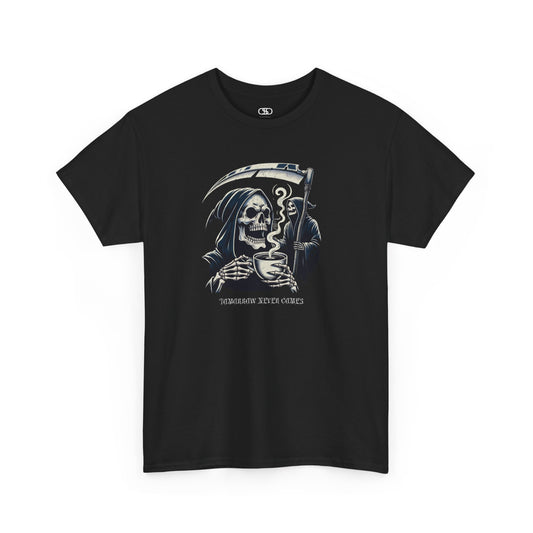 A t-shirt graphic of a grim reaper in the foreground drinking from a hot coffee mug. Another grim reaper stands ominously in the background holding a large scythe.