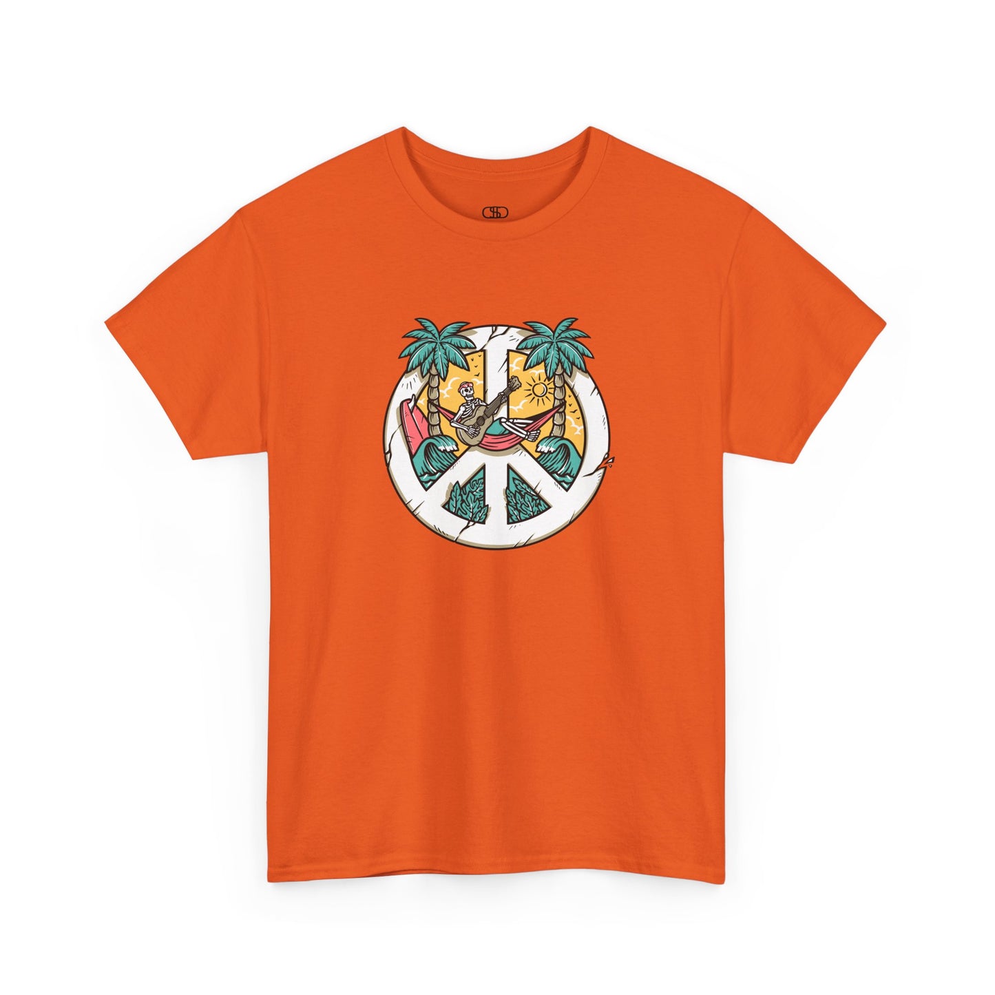 T-shirt showing a skeleton with a peace sign head, lying in a hammock playing a guitar between two palm trees with waves in the background.