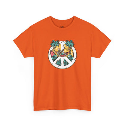 T-shirt showing a skeleton with a peace sign head, lying in a hammock playing a guitar between two palm trees with waves in the background.