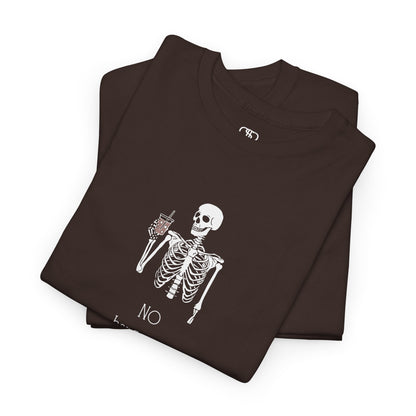 A folded dark brown T-shirt with a skeleton holding a drink graphic and "No Hangovers" text. 