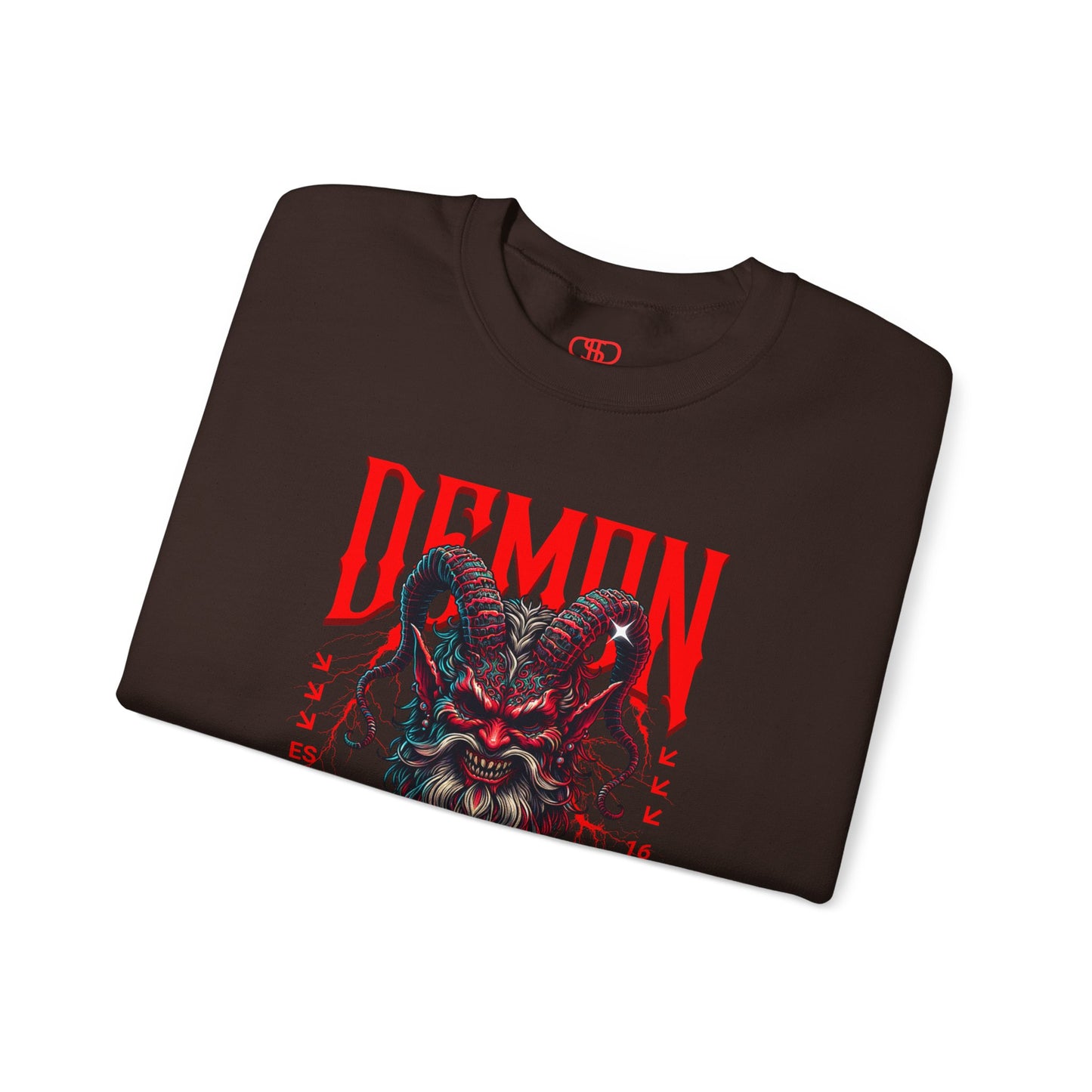 A folded dark brown sweater featuring a Red horned demon head with "Demon Wrath" text and lightning, gothic horror apparel design.