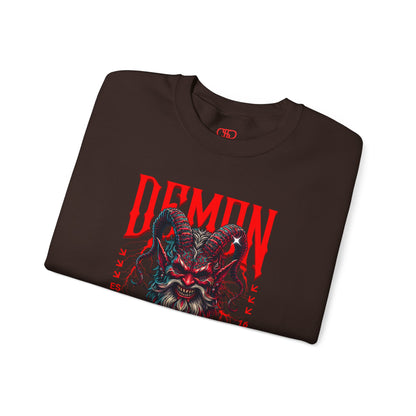 A folded dark brown sweater featuring a Red horned demon head with "Demon Wrath" text and lightning, gothic horror apparel design.