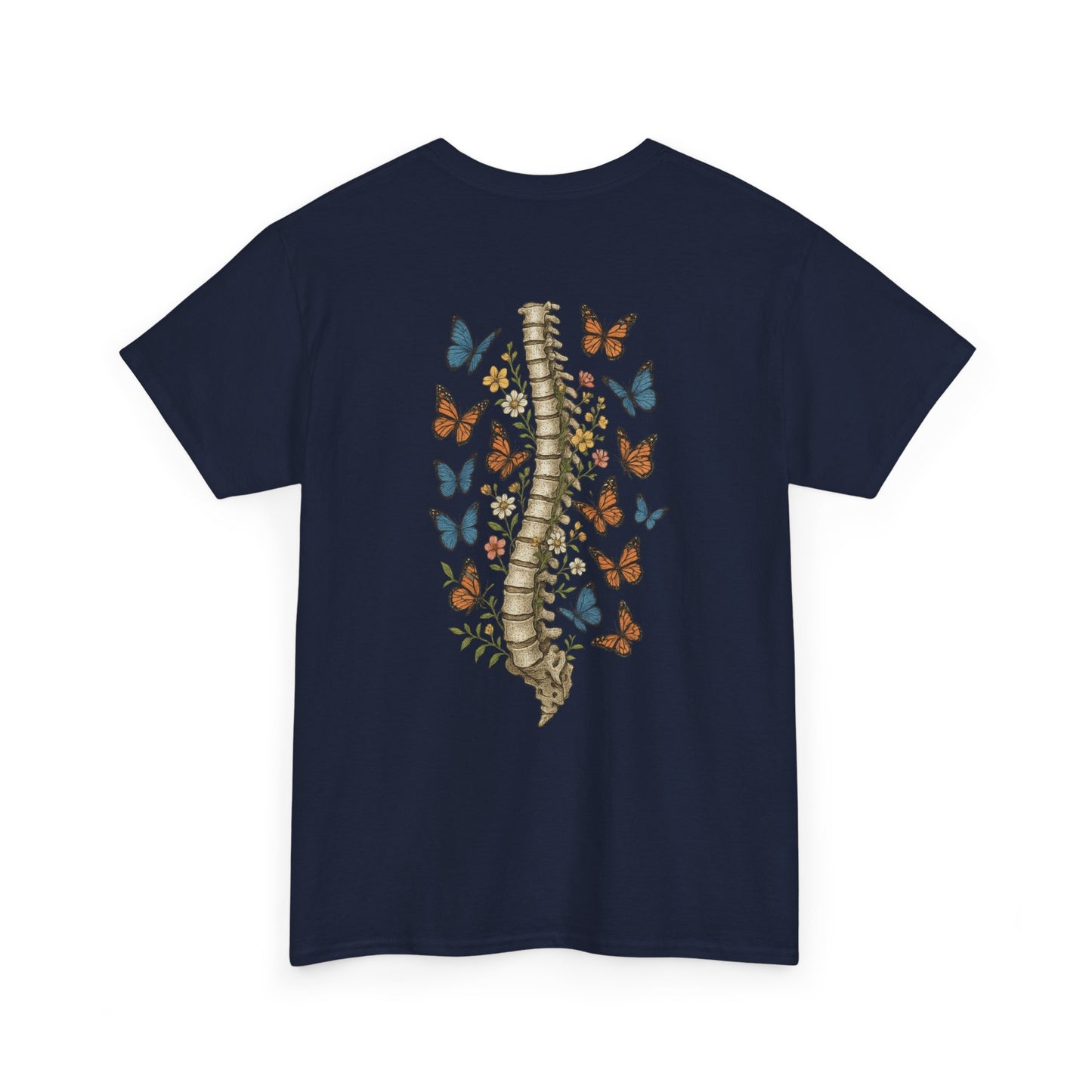 A navy t-shirt with "Grow Through It" and a butterfly on the front and a design of a spine with vines, flowers, and butterflies on the back.