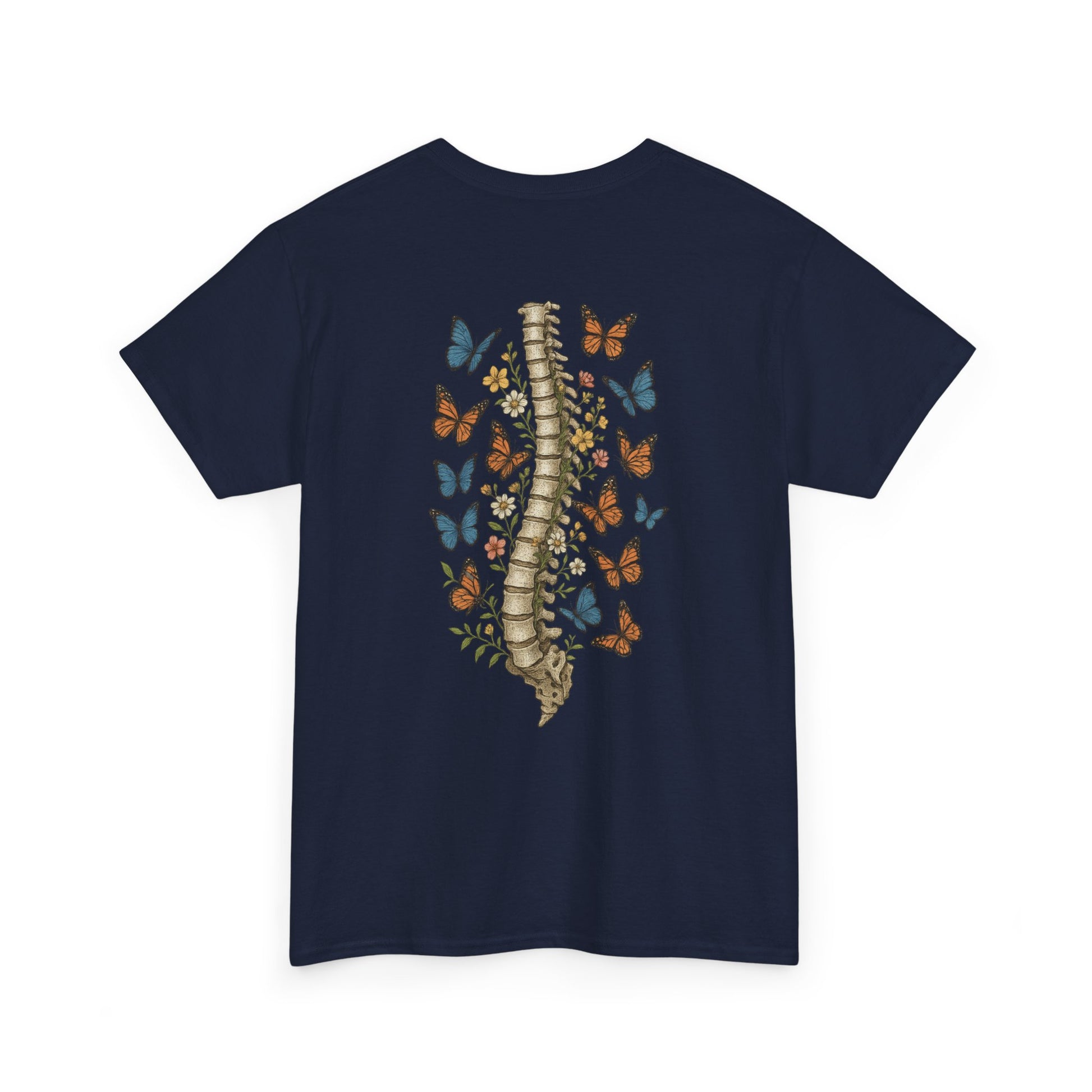 A navy t-shirt with "Grow Through It" and a butterfly on the front and a design of a spine with vines, flowers, and butterflies on the back.