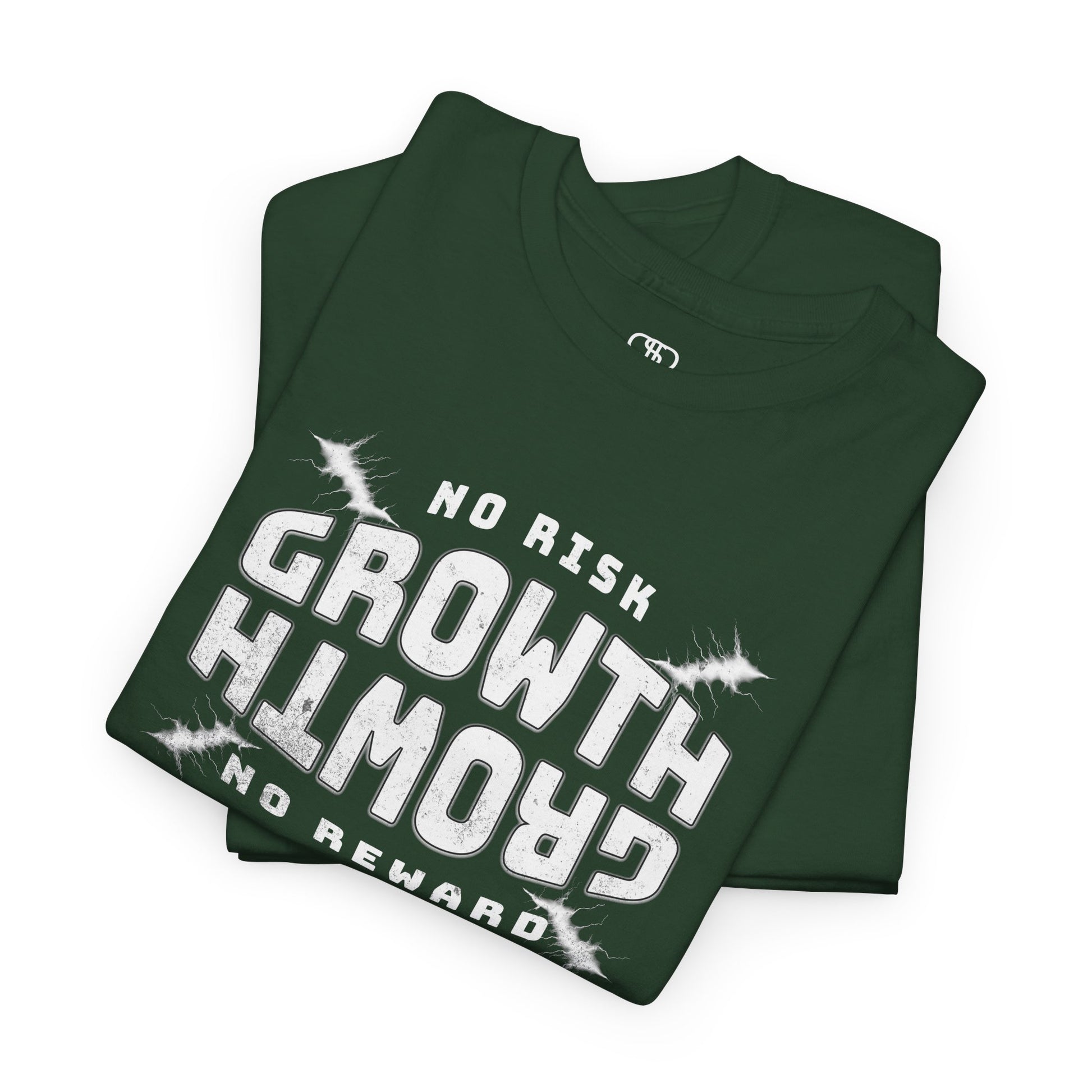 A folded forest green distressed t-shirt "No Risk Growth No Reward" text on black t-shirt with splatters.