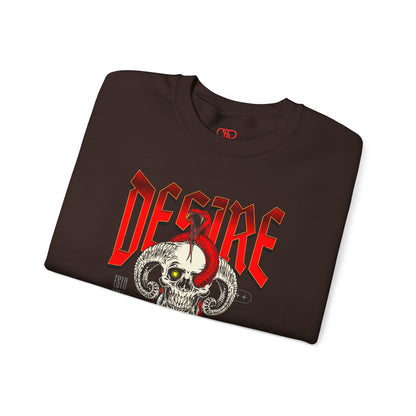 A folded dark brown sweatshirt Horned skull with glowing eye and red snake wrapped around it, "Desire Death's Touch" text, gothic sweatshirt design.