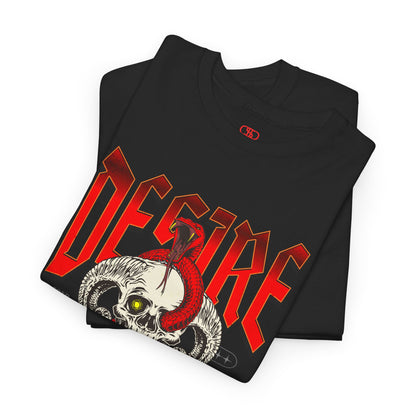A folded black t-shirt featuring a Horned skull with glowing eye and red snake wrapped around it, "Desire Death's Touch" text, gothic t-shirt design.