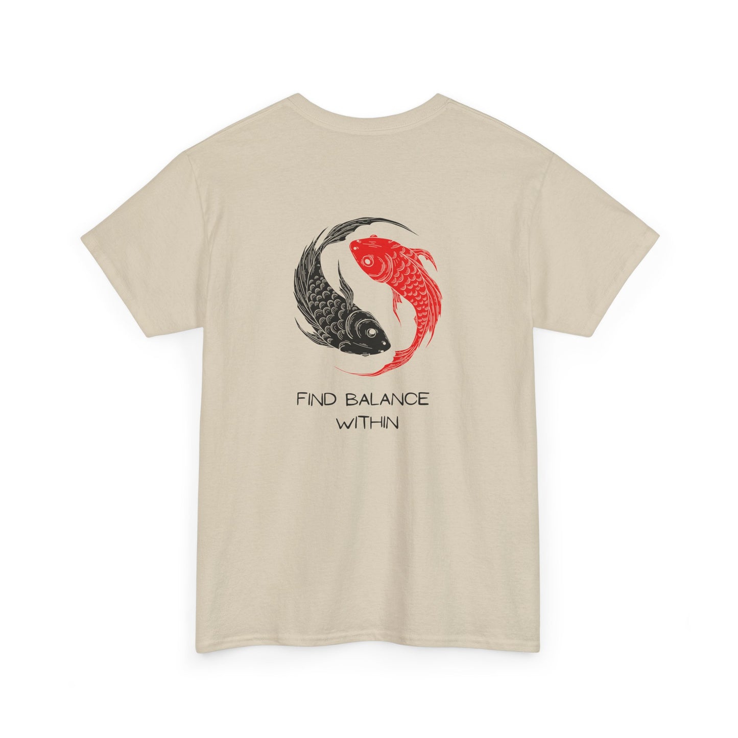  Back of a t-shirt showing two swimming koi fish in red and black, arranged in a harmonious circle above the words "find balance within."