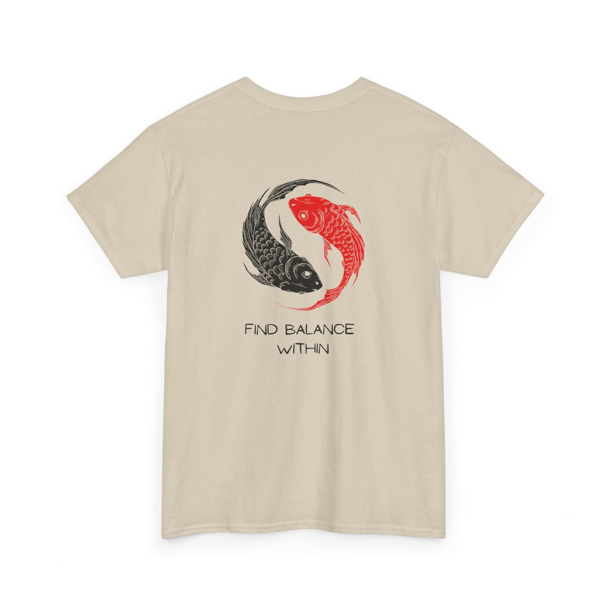  Back of a t-shirt showing two swimming koi fish in red and black, arranged in a harmonious circle above the words "find balance within."
