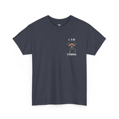 A heather navy t-shirt with a woman lifting weights on the front with "I am strong" and a larger design on the back stating “Strong is beautiful.”