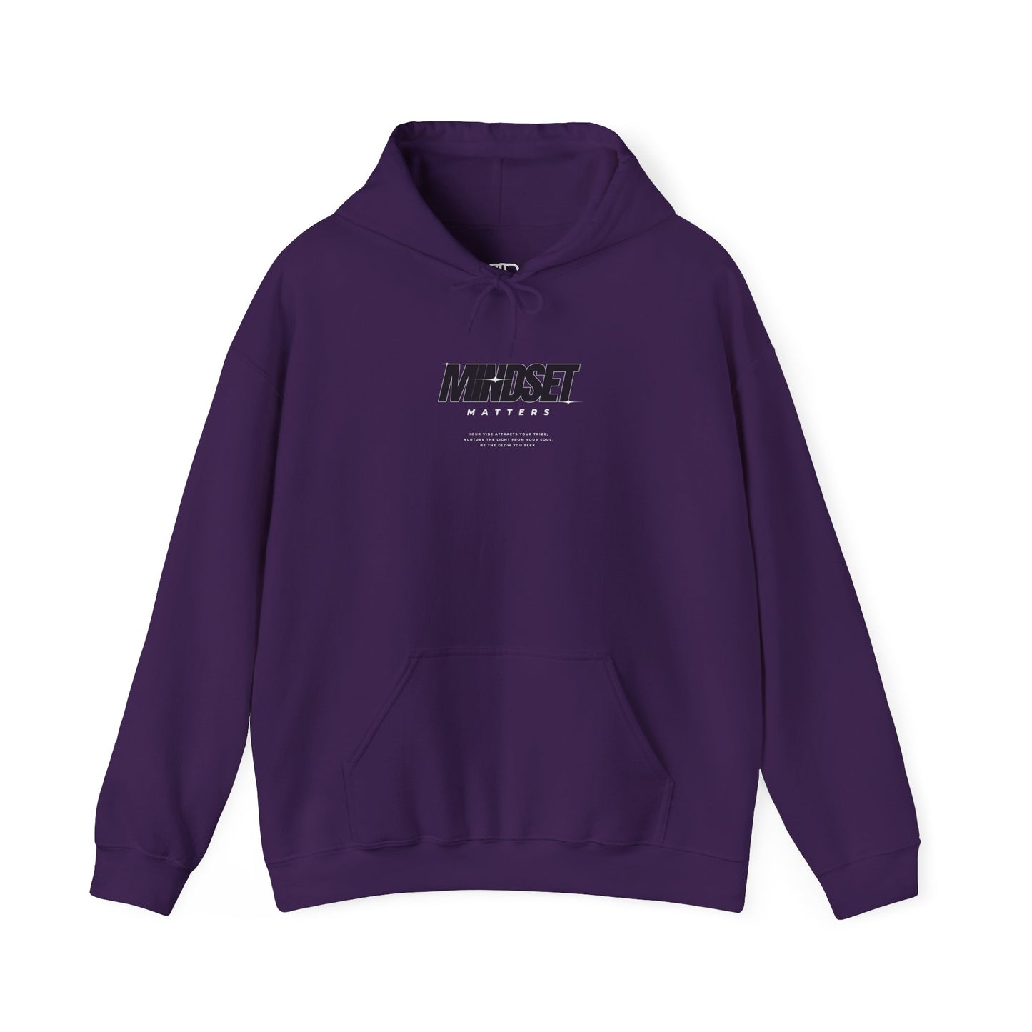 A purple hoodie "Mindset Matters" text with stars on hoodie, with an inspirational quote below.