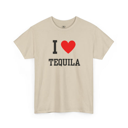 A sand t-shirt displaying the iconic "I Love" design, with the text "I," followed by a red heart symbol, and the word "Tequila" printed underneath.