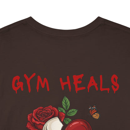 "Gym Heals" Broken Red Heart Skull Rose Tee