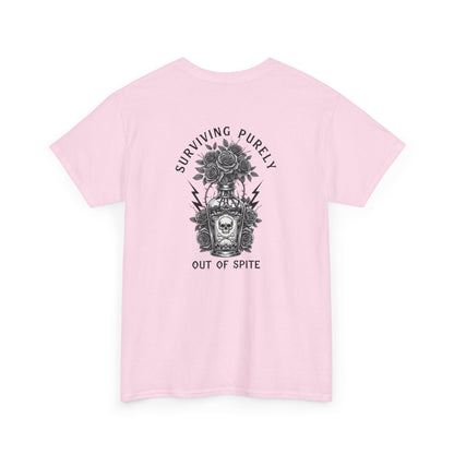 A light pink t-shirt with a skull and crossbones vase filled with roses and the words “Surviving Purely Out of Spite” in a gothic font.