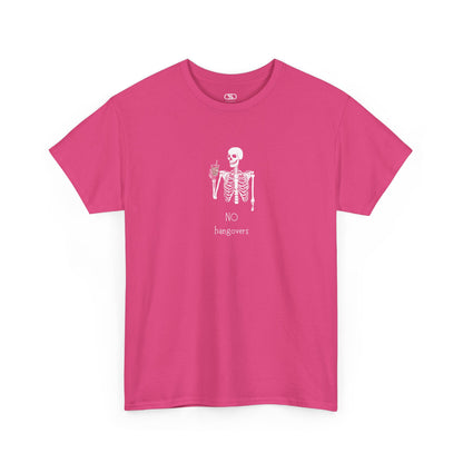 A pink T-shirt with a skeleton holding a drink graphic and "No Hangovers" text.