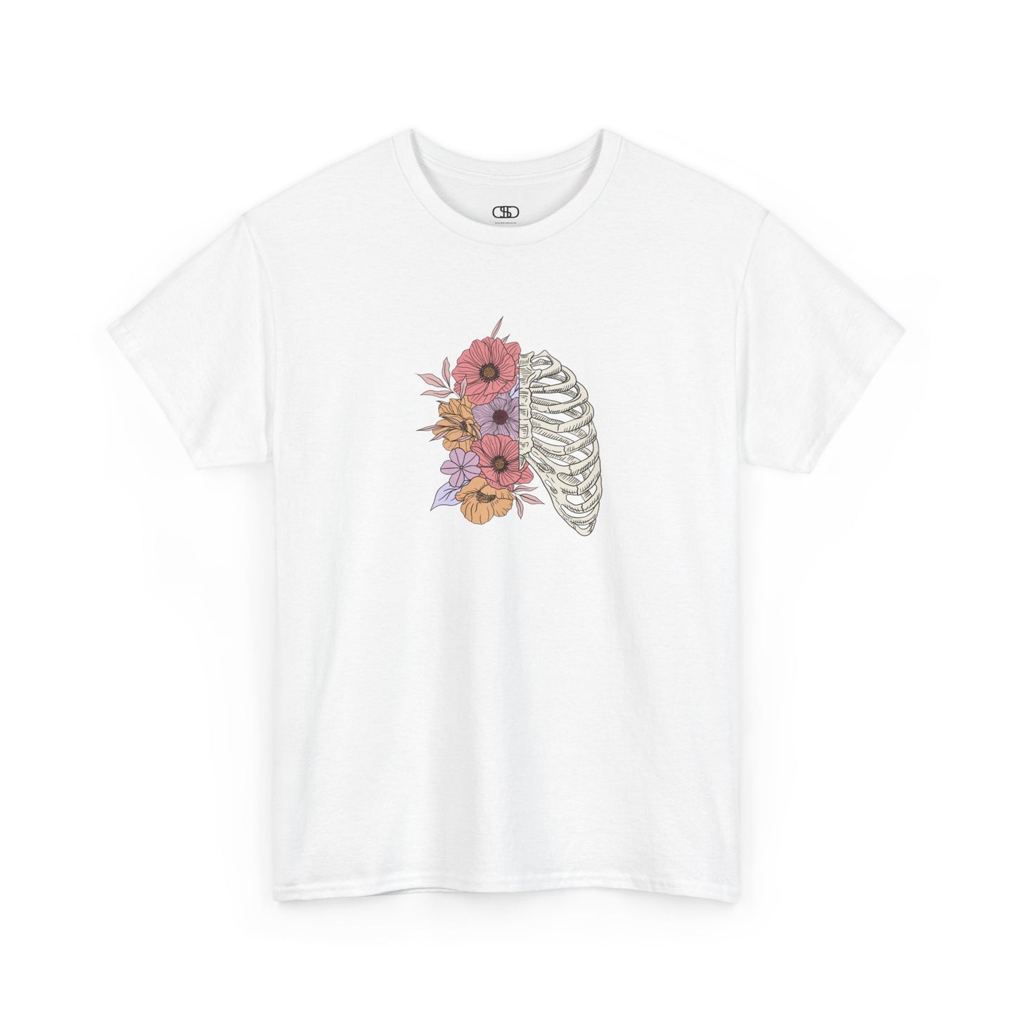 T-shirt with a lung graphic, half skeletal ribcage, half flowers.
