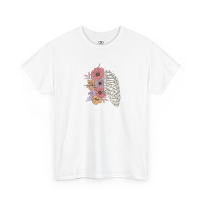 T-shirt with a lung graphic, half skeletal ribcage, half flowers.
