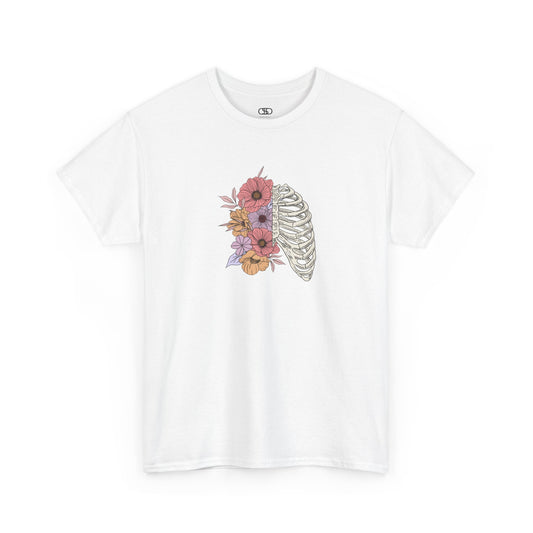 T-shirt with a lung graphic, half skeletal ribcage, half flowers.
