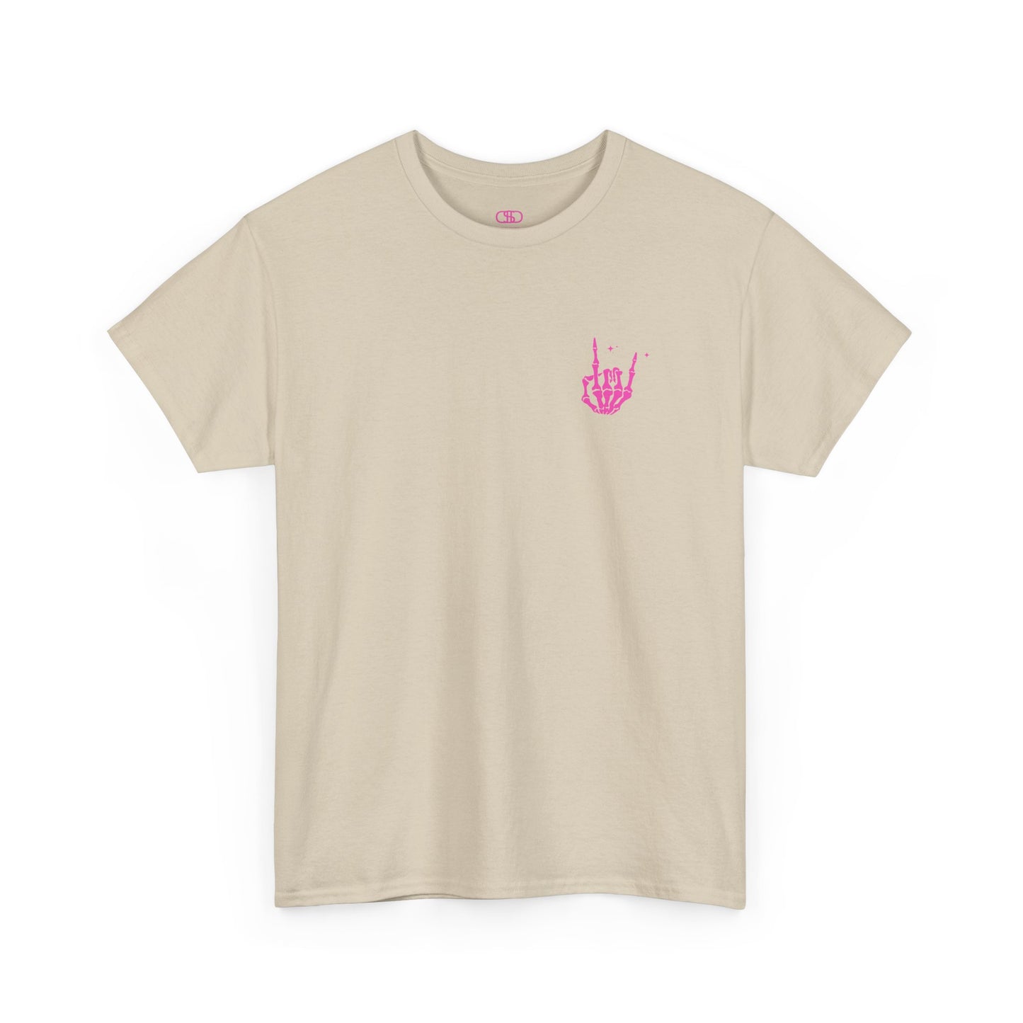 A sand t-shirt with a skeletal rock hand on the front and a melting emoji with the phrase “I match energy So ho we gon’ Act Today?” on the back.