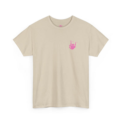 A sand t-shirt with a skeletal rock hand on the front and a melting emoji with the phrase “I match energy So ho we gon’ Act Today?” on the back.