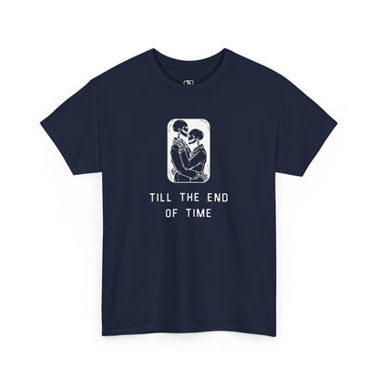 A t-shirt featuring a detailed print of two skeletons embracing in a hug with the text 'till the end of time' below them.