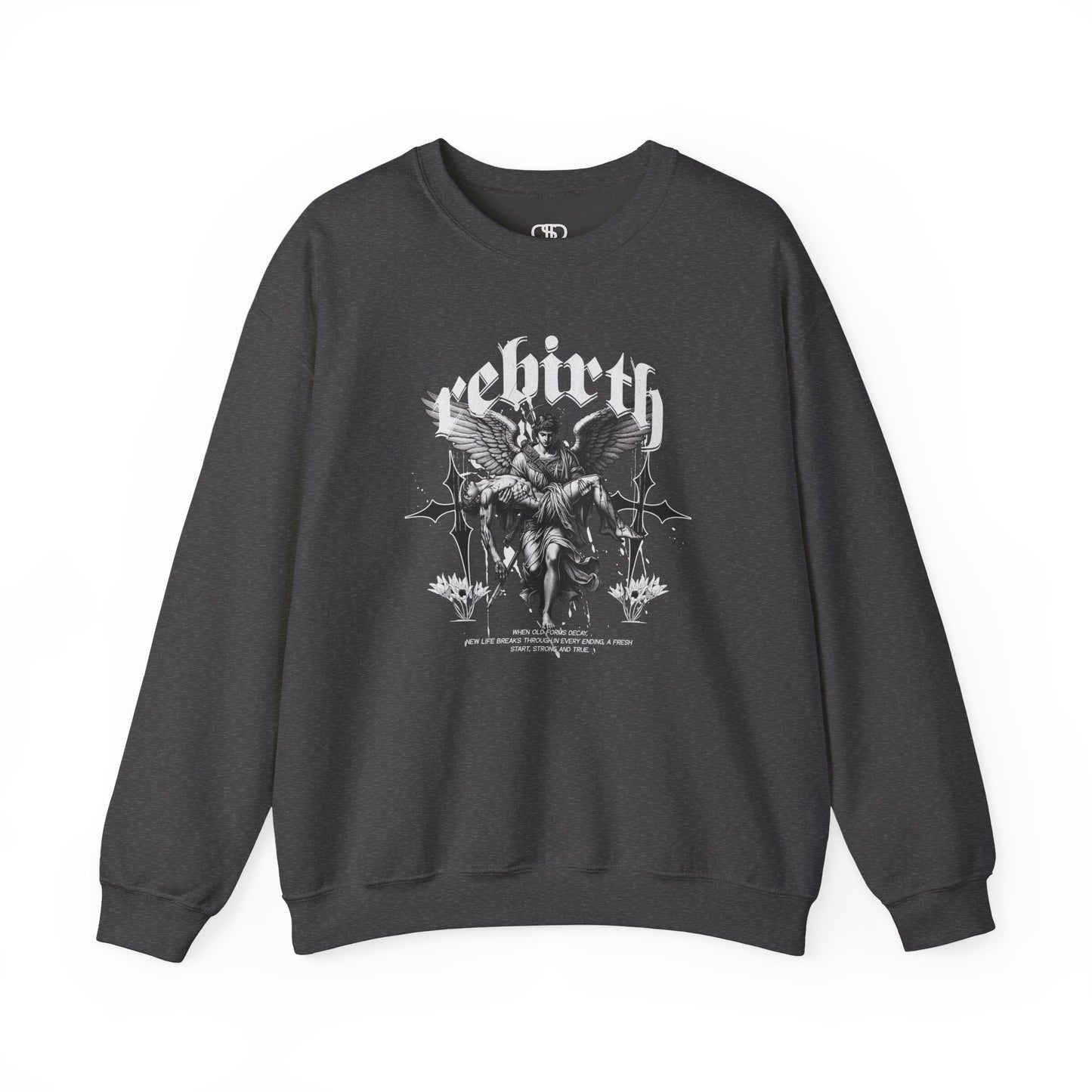 A dark heather Sweater featuring an Angel carrying a figure with "Rebirth" text, white and black gothic spiritual art apparel.
