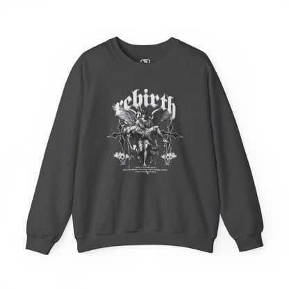 A dark heather Sweater featuring an Angel carrying a figure with "Rebirth" text, white and black gothic spiritual art apparel.