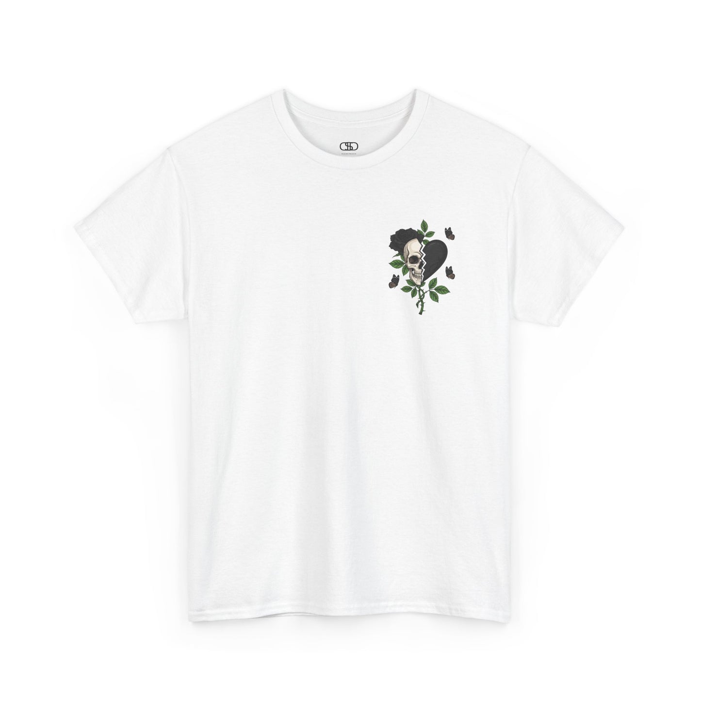 A white t-shirt with a front design of a half skull, half broken heart, and a rose. The back reads "Gym Heals" in black.