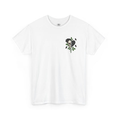 A white t-shirt with a front design of a half skull, half broken heart, and a rose. The back reads "Gym Heals" in black.