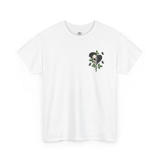A white t-shirt with a front design of a half skull, half broken heart, and a rose. The back reads "Gym Heals" in black.