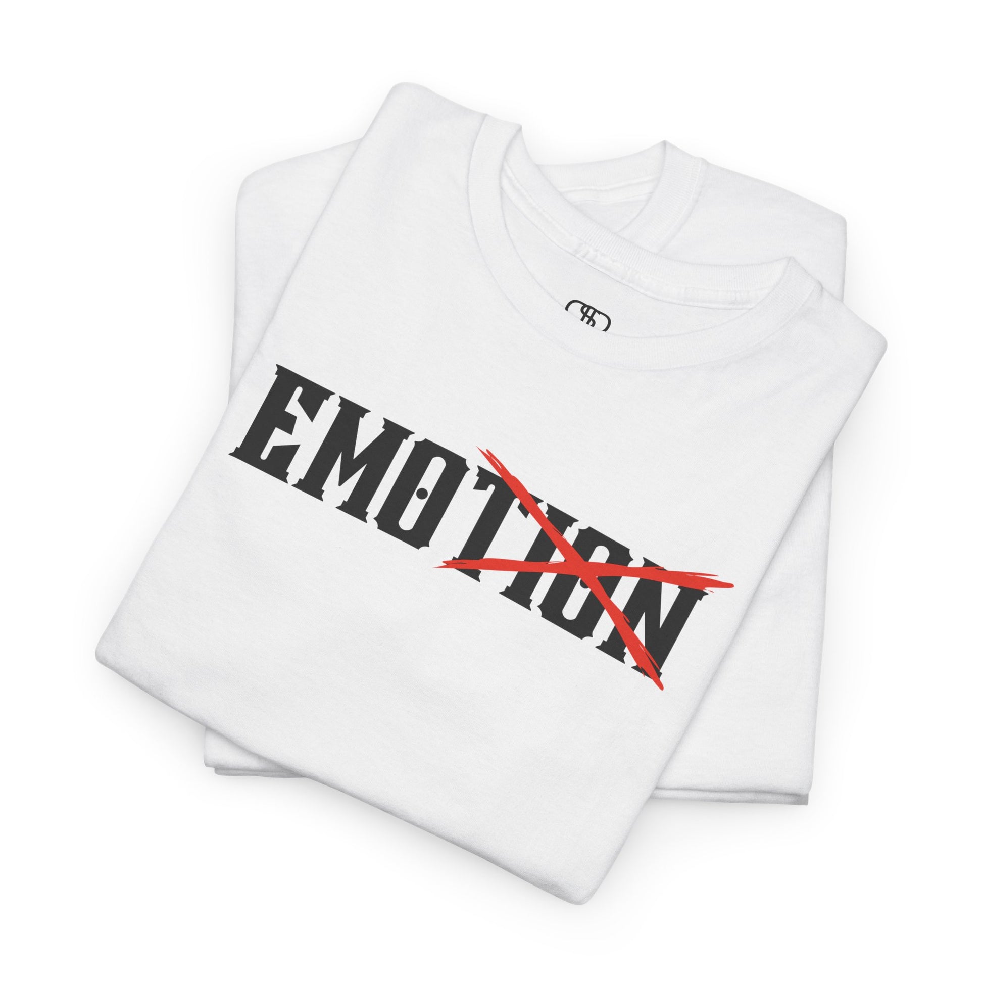  A minimalist t-shirt featuring the word "EMOTION" with the letters 'TION' crossed out, emphasizing the word 'EMO' in a bold font.