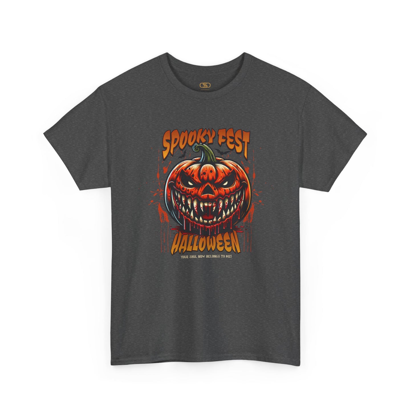 A heather gray t-shirt featuring a Scary fanged jack-o'-lantern with "Spooky Fest Halloween Your Soul Now Belongs To Me!" text, orange and black horror t-shirt.