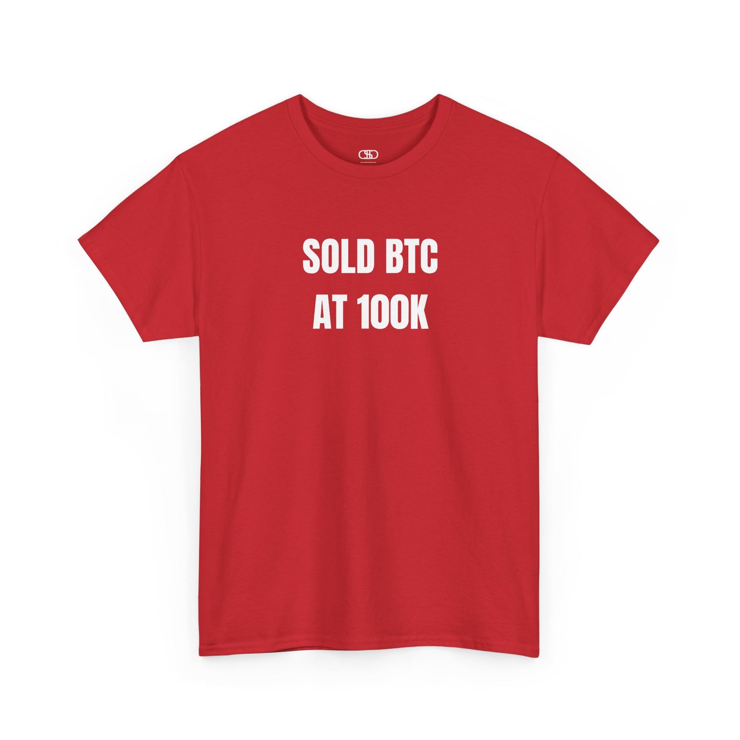 A red T-shirt with bold text "SOLD BTC At 100K" on the front.