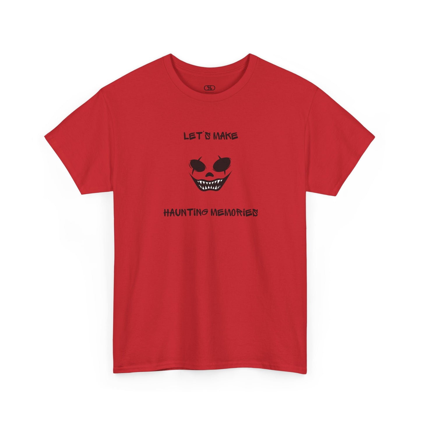 A red T-shirt with a daring clown graphic with sharp teeth and scars, and "Let’s Make Haunting Memories" text.